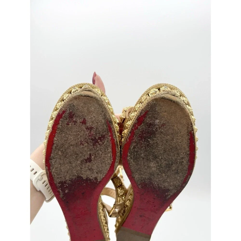 Christian Louboutin Gold Pyraclou 60 Spike Cork Wedge Espadrilles Size EU 38